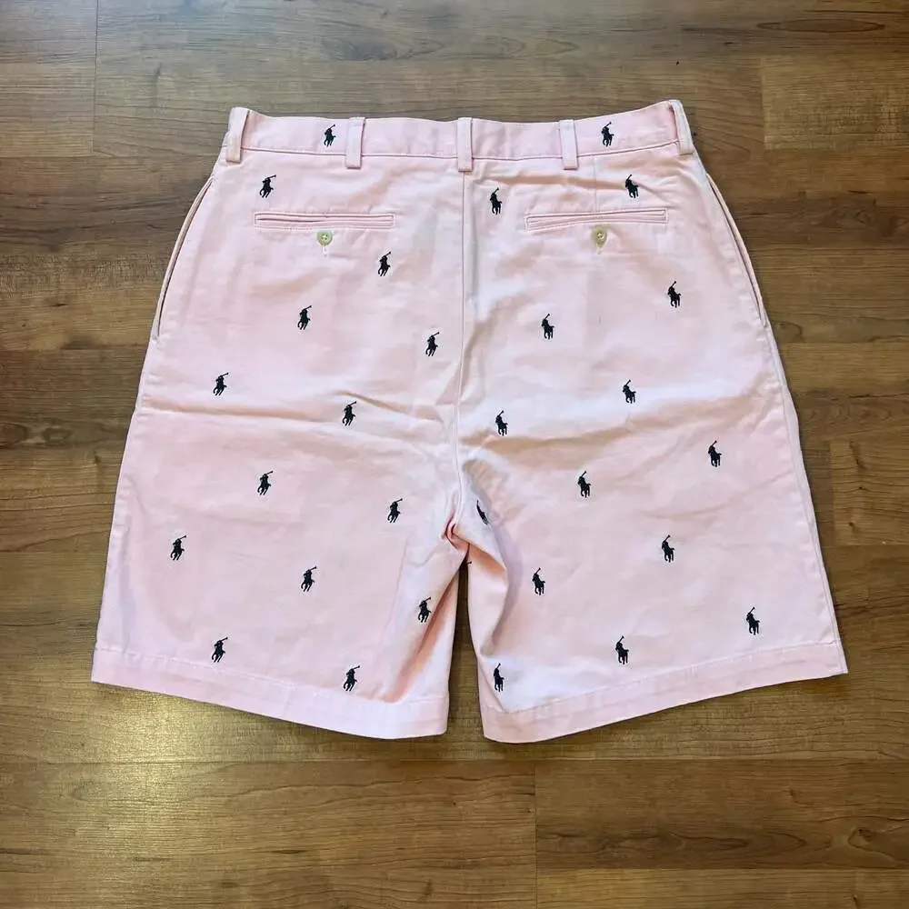 Polo Ralph Lauren Tyler All-Over Pony Print Pink Pleated Chino Shorts Sz 36